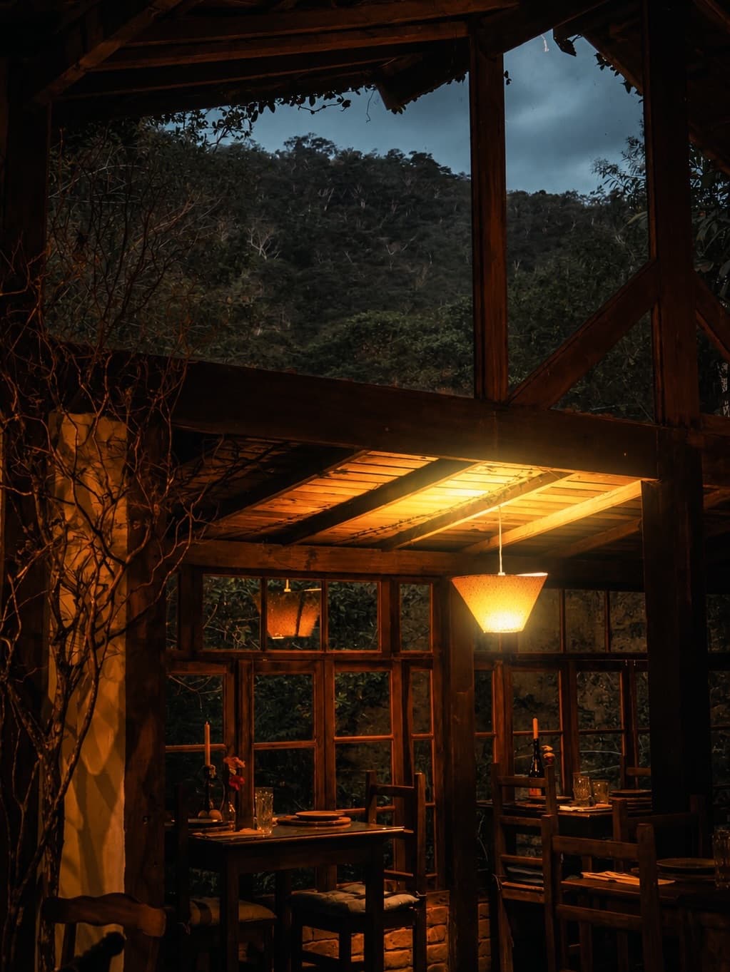 Interior rústico iluminado com vista para a mata