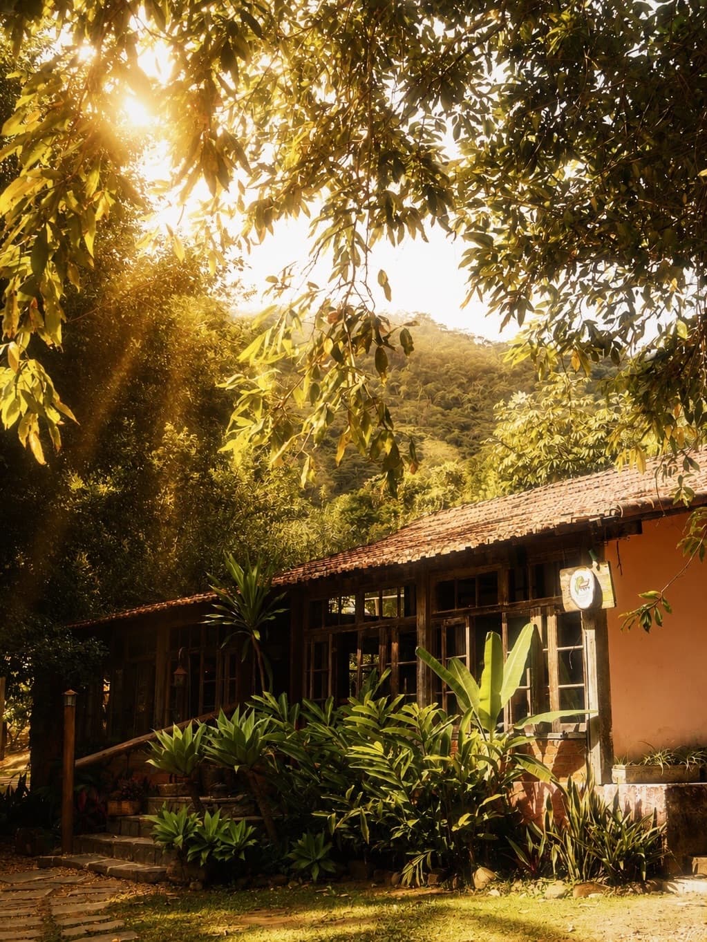 Casa rústica cercada por vegetação e luz dourada